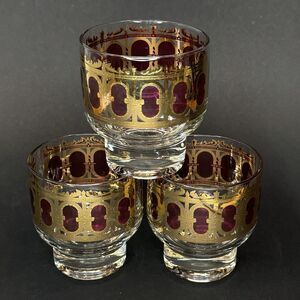 3 Vintage Culver 60's 22K Gold Cranberry Scroll Low Ball Cocktail Glass Footed